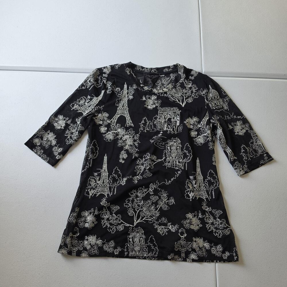 Johnny Was Tunic Blouse Womens Small Black Paris Mesh Embroidered 3/4 Sleeve Top